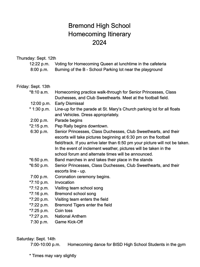 Bremond ISD Itinerary